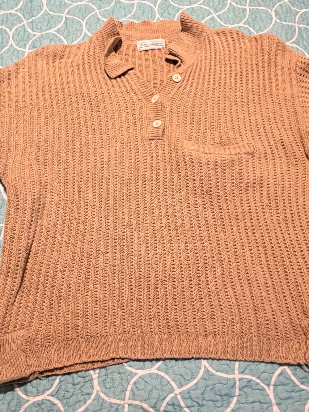 Light Brown Waffle Knit Polo Sweater with Pocket